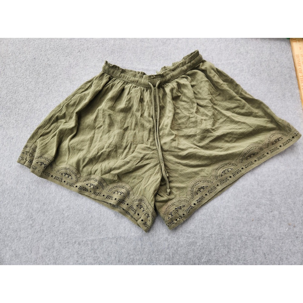 Aerie Shorts Womens Small Olive Green Eyelet Lace Trim Scallop Hem Drawstring
